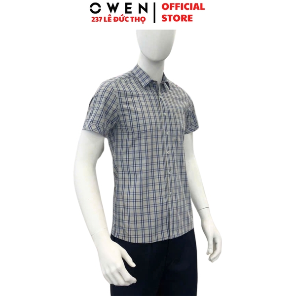 Áo sơ mi nam tay ngắn Owen AB250043NT màu xám kẻ caro dáng suông body fit tà bằng có túi Chất liệu Bamboo poly