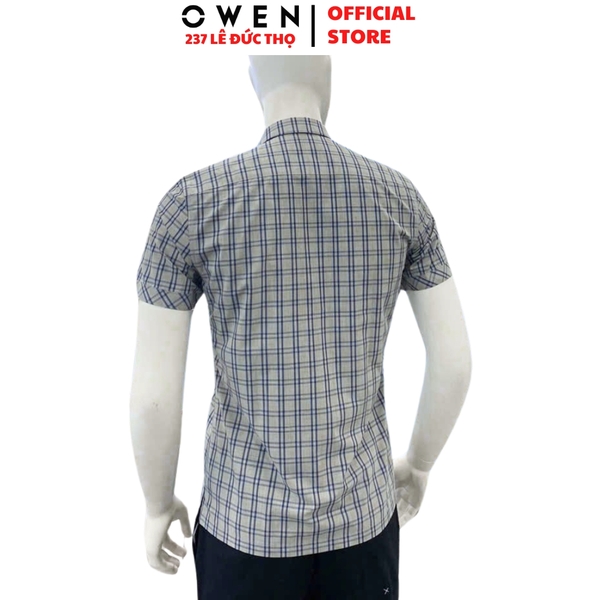 Áo sơ mi nam tay ngắn Owen AB250043NT màu xám kẻ caro dáng suông body fit tà bằng có túi Chất liệu Bamboo poly