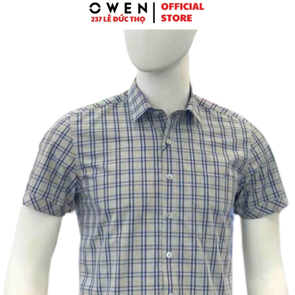 Áo sơ mi nam tay ngắn Owen AB250043NT màu xám kẻ caro dáng suông body fit tà bằng có túi Chất liệu Bamboo poly