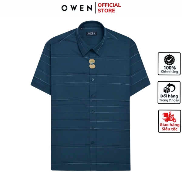 Áo Sơ Mi Nam Tay Ngắn Owen AB250066N màu xanh cổ vịt kẻ ngang dáng suông body fit tà bằng không túi chất liệu bamboo poly