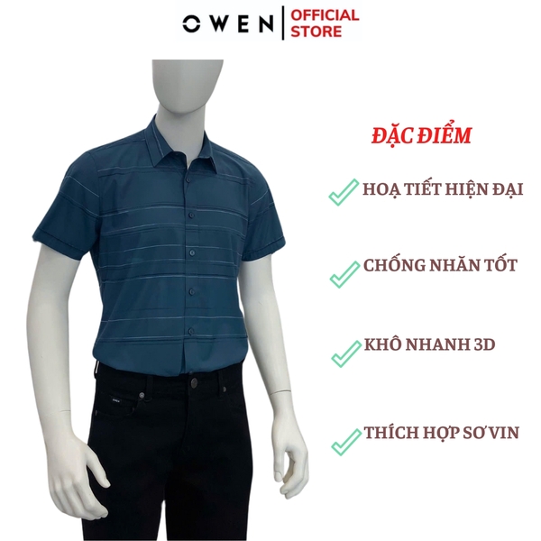 Áo Sơ Mi Nam Tay Ngắn Owen AB250066N màu xanh cổ vịt kẻ ngang dáng suông body fit tà bằng không túi chất liệu bamboo poly