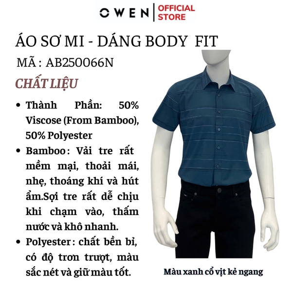 Áo Sơ Mi Nam Tay Ngắn Owen AB250066N màu xanh cổ vịt kẻ ngang dáng suông body fit tà bằng không túi chất liệu bamboo poly