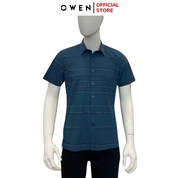 Áo Sơ Mi Nam Tay Ngắn Owen AB250066N màu xanh cổ vịt kẻ ngang dáng suông body fit tà bằng không túi chất liệu bamboo poly