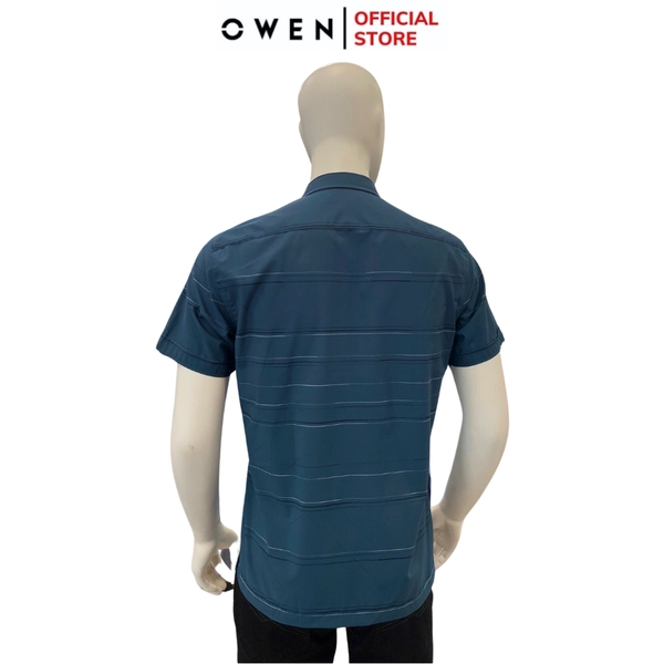 Áo Sơ Mi Nam Tay Ngắn Owen AB250066N màu xanh cổ vịt kẻ ngang dáng suông body fit tà bằng không túi chất liệu bamboo poly