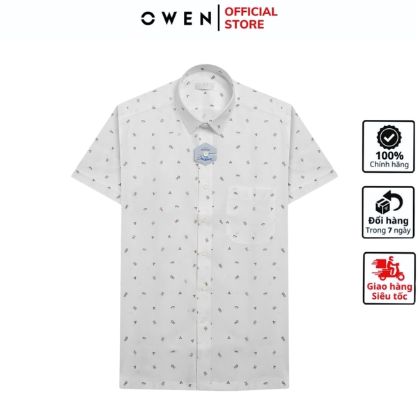 Áo Sơ Mi Nam Tay Ngắn Owen AB250120NT màu be in họa tiết dáng suông body fit tà bằng có túi Chất liệu Nano