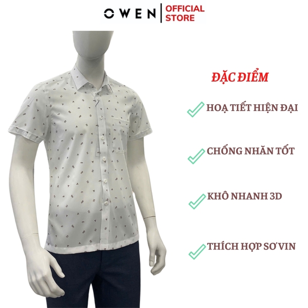 Áo Sơ Mi Nam Tay Ngắn Owen AB250120NT màu be in họa tiết dáng suông body fit tà bằng có túi Chất liệu Nano