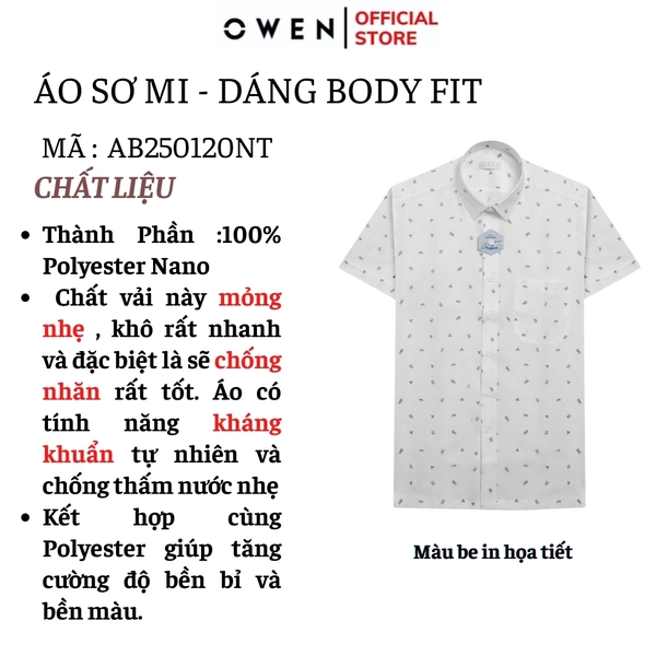 Áo Sơ Mi Nam Tay Ngắn Owen AB250120NT màu be in họa tiết dáng suông body fit tà bằng có túi Chất liệu Nano