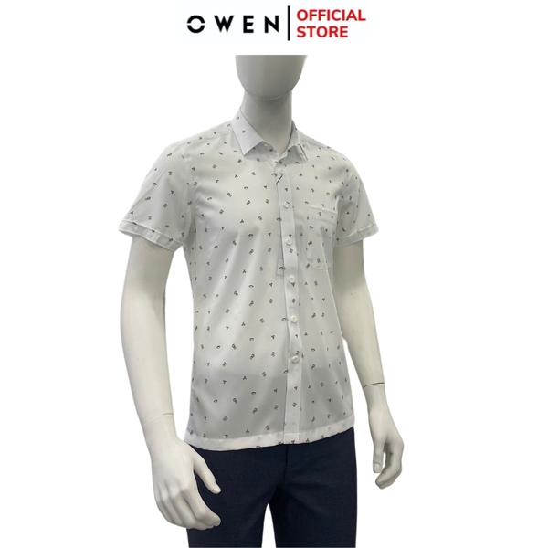 Áo Sơ Mi Nam Tay Ngắn Owen AB250120NT màu be in họa tiết dáng suông body fit tà bằng có túi Chất liệu Nano
