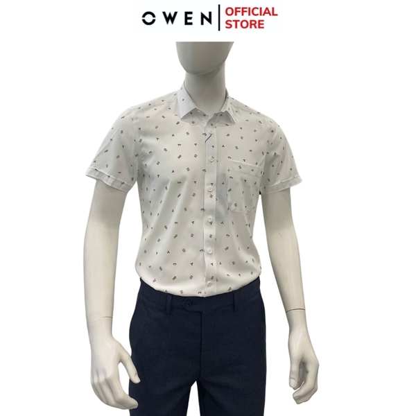 Áo Sơ Mi Nam Tay Ngắn Owen AB250120NT màu be in họa tiết dáng suông body fit tà bằng có túi Chất liệu Nano