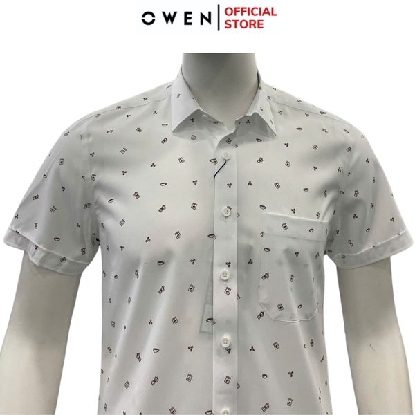 Áo Sơ Mi Nam Tay Ngắn Owen AB250120NT màu be in họa tiết dáng suông body fit tà bằng có túi Chất liệu Nano