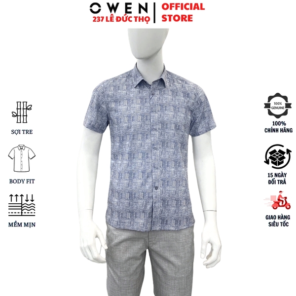 Áo sơ mi nam tay ngắn Owen AB250126N màu xám họa tiết dáng suông body fit tà bằng không túi chất liệu poly spandex