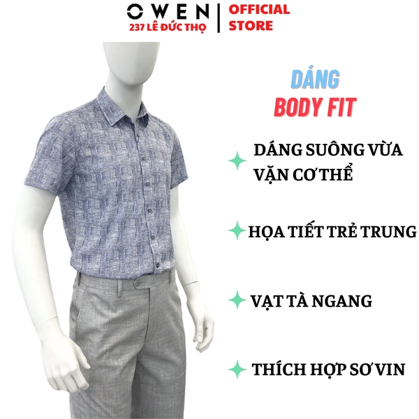 Áo sơ mi nam tay ngắn Owen AB250126N màu xám họa tiết dáng suông body fit tà bằng không túi chất liệu poly spandex
