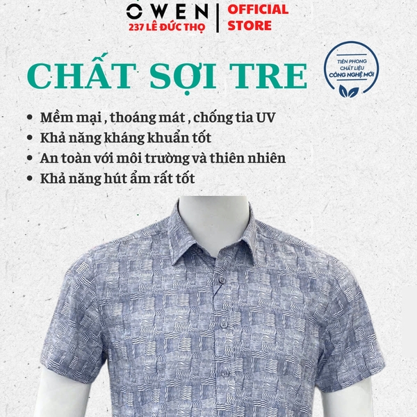 Áo sơ mi nam tay ngắn Owen AB250126N màu xám họa tiết dáng suông body fit tà bằng không túi chất liệu poly spandex