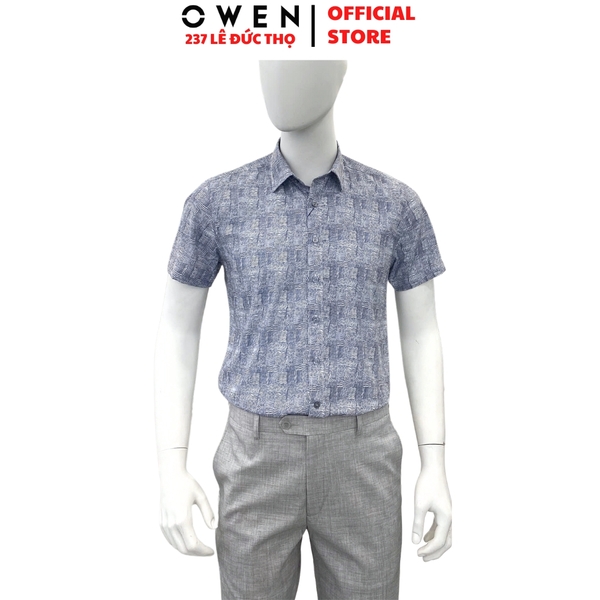 Áo sơ mi nam tay ngắn Owen AB250126N màu xám họa tiết dáng suông body fit tà bằng không túi chất liệu poly spandex