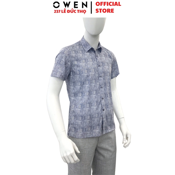 Áo sơ mi nam tay ngắn Owen AB250126N màu xám họa tiết dáng suông body fit tà bằng không túi chất liệu poly spandex