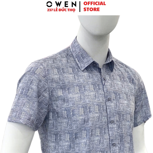 Áo sơ mi nam tay ngắn Owen AB250126N màu xám họa tiết dáng suông body fit tà bằng không túi chất liệu poly spandex