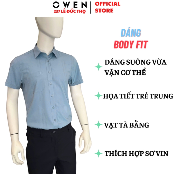 Áo sơ mi nam tay ngắn Owen AB250340NT màu xanh đậm dáng suông body fit tà bằng có túi chất liệu bamboo spandex