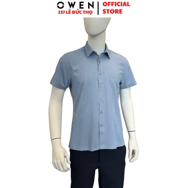 Áo sơ mi nam tay ngắn Owen AB250340NT màu xanh đậm dáng suông body fit tà bằng có túi chất liệu bamboo spandex