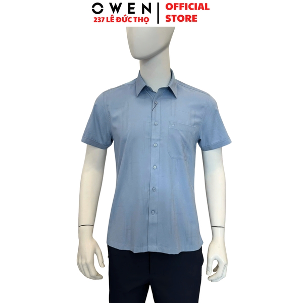 Áo sơ mi nam tay ngắn Owen AB250340NT màu xanh đậm dáng suông body fit tà bằng có túi chất liệu bamboo spandex