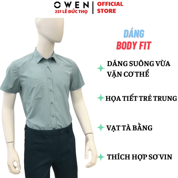Áo sơ mi nam tay ngắn Owen AB250457NT Màu xanh nhạt dáng suông body fit tà bằng có túi chất liệu bamboo spandex