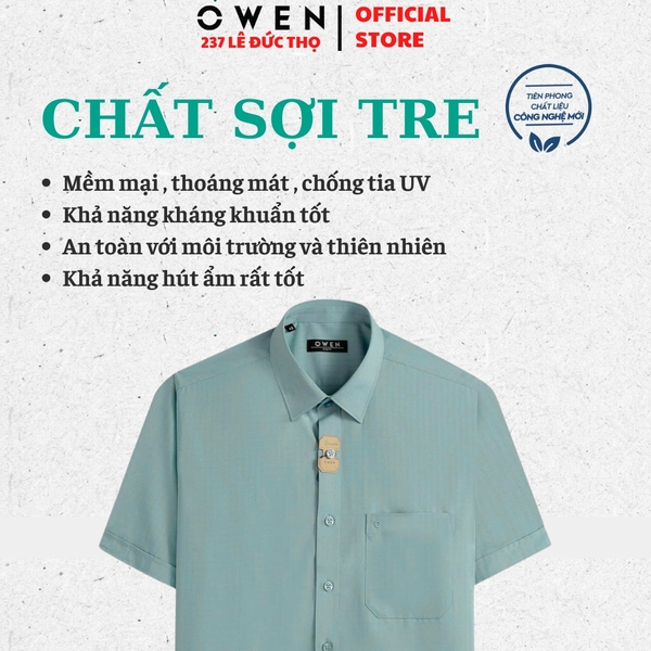 Áo sơ mi nam tay ngắn Owen AB250457NT Màu xanh nhạt dáng suông body fit tà bằng có túi chất liệu bamboo spandex