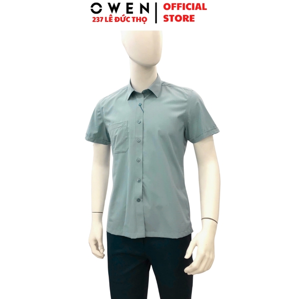 Áo sơ mi nam tay ngắn Owen AB250457NT Màu xanh nhạt dáng suông body fit tà bằng có túi chất liệu bamboo spandex