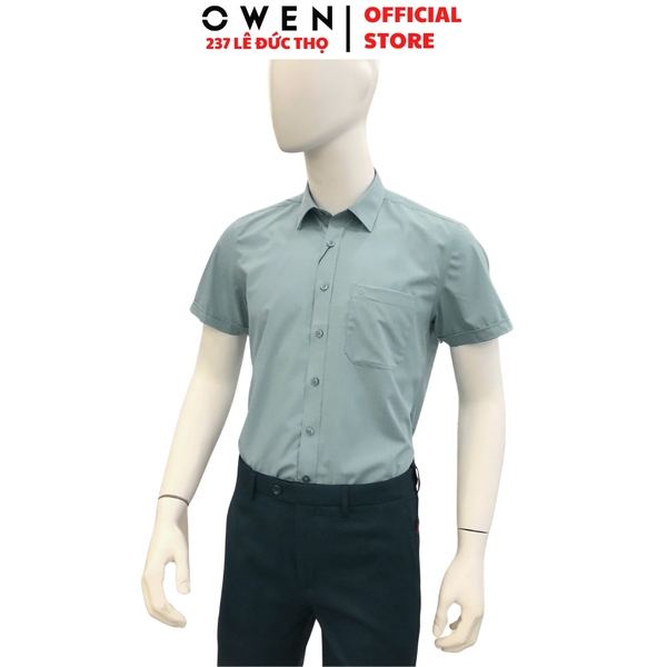 Áo sơ mi nam tay ngắn Owen AB250457NT Màu xanh nhạt dáng suông body fit tà bằng có túi chất liệu bamboo spandex