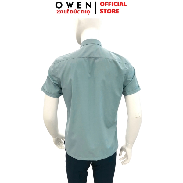 Áo sơ mi nam tay ngắn Owen AB250457NT Màu xanh nhạt dáng suông body fit tà bằng có túi chất liệu bamboo spandex