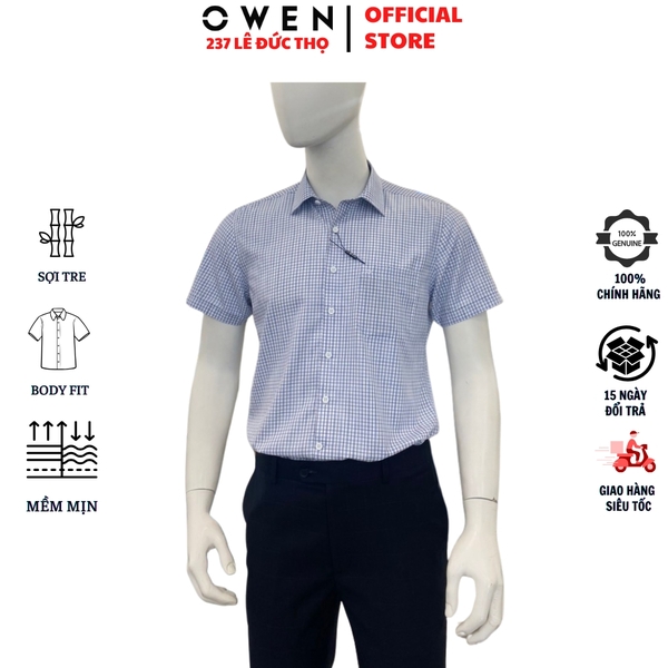 Áo Sơ Mi Nam Tay Ngắn Owen AB260024NT Xanh Kẻ Body Fit Bamboo