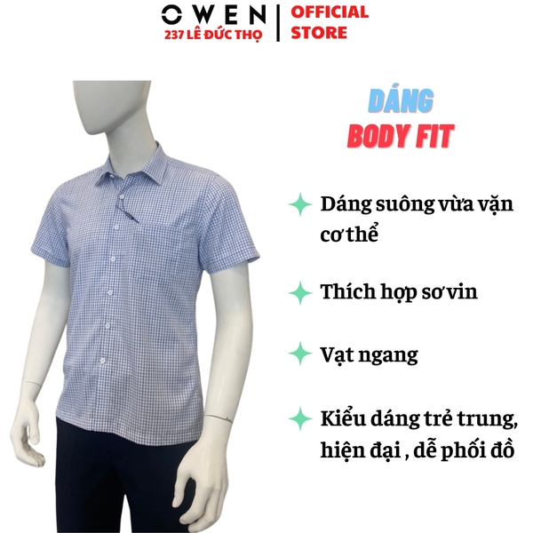 Áo Sơ Mi Nam Tay Ngắn Owen AB260024NT Xanh Kẻ Body Fit Bamboo