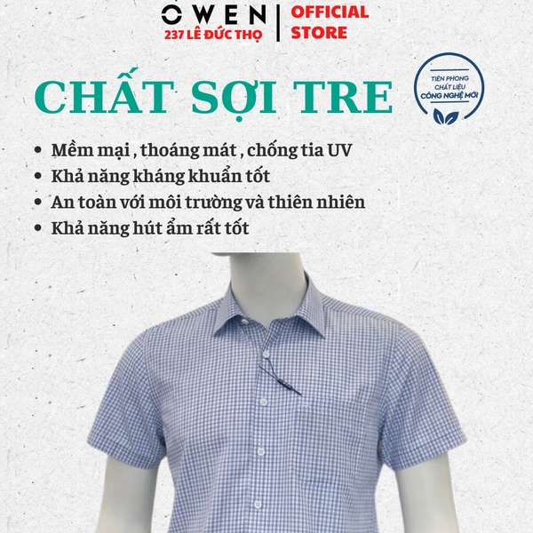 Áo Sơ Mi Nam Tay Ngắn Owen AB260024NT Xanh Kẻ Body Fit Bamboo