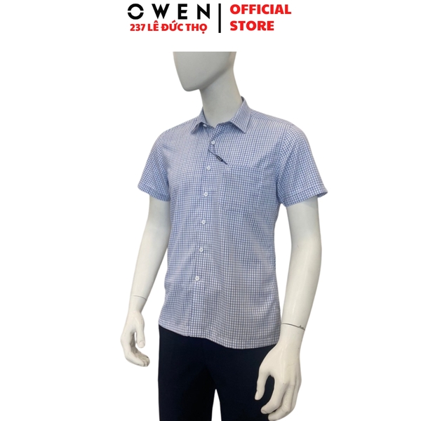 Áo Sơ Mi Nam Tay Ngắn Owen AB260024NT Xanh Kẻ Body Fit Bamboo