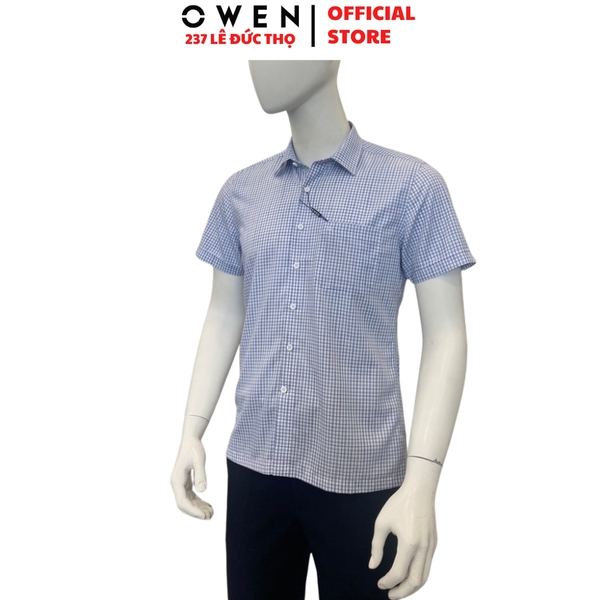 Áo Sơ Mi Nam Tay Ngắn Owen AB260024NT Xanh Kẻ Body Fit Bamboo