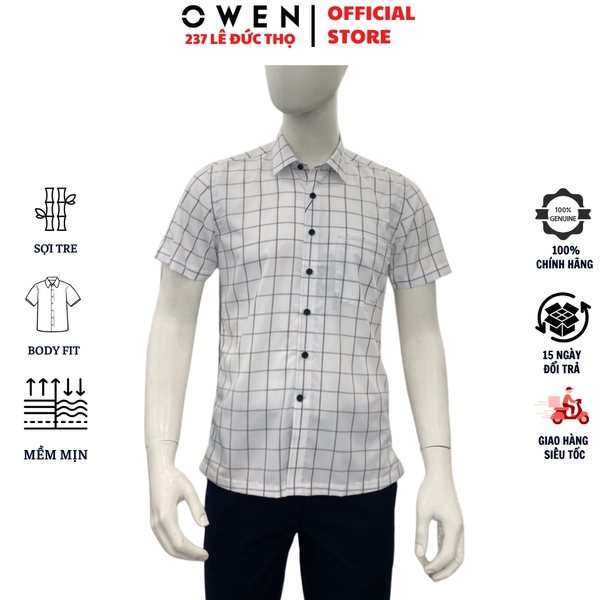 Áo Sơ Mi Nam Tay Ngắn Owen AB260025NT Trắng Kẻ Body Fit Bamboo