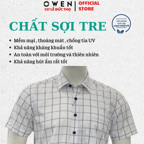 Áo Sơ Mi Nam Tay Ngắn Owen AB260025NT Trắng Kẻ Body Fit Bamboo