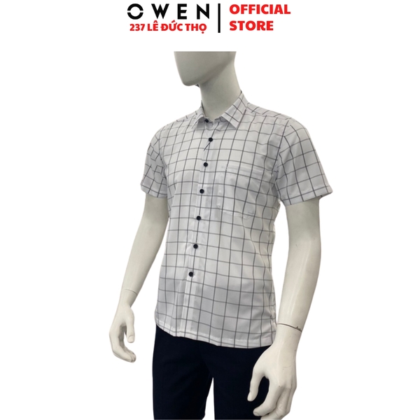 Áo Sơ Mi Nam Tay Ngắn Owen AB260025NT Trắng Kẻ Body Fit Bamboo
