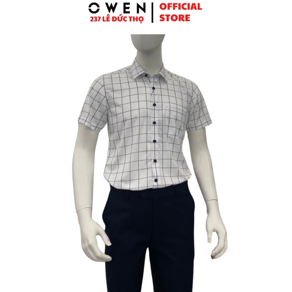 Áo Sơ Mi Nam Tay Ngắn Owen AB260025NT Trắng Kẻ Body Fit Bamboo