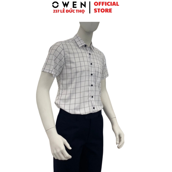 Áo Sơ Mi Nam Tay Ngắn Owen AB260025NT Trắng Kẻ Body Fit Bamboo