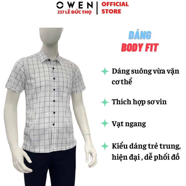 Áo Sơ Mi Nam Tay Ngắn Owen AB260025NT Trắng Kẻ Body Fit Bamboo
