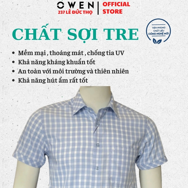 Áo Sơ Mi Nam Tay Ngắn Owen AB260053NT Xanh Nhạt Kẻ Caro Body Fit