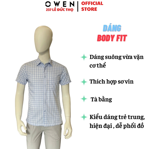 Áo Sơ Mi Nam Tay Ngắn Owen AB260053NT Xanh Nhạt Kẻ Caro Body Fit