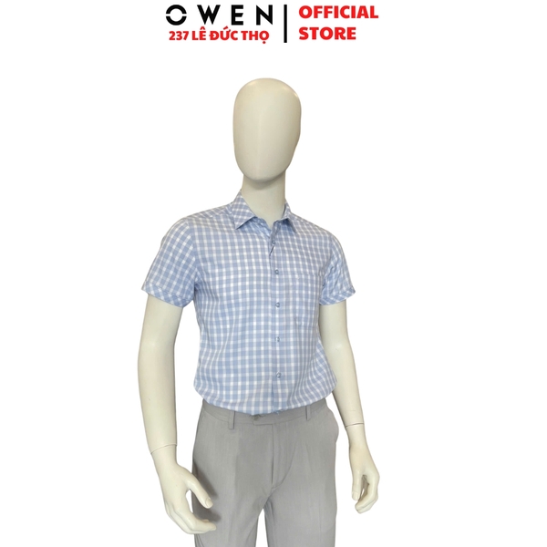 Áo Sơ Mi Nam Tay Ngắn Owen AB260053NT Xanh Nhạt Kẻ Caro Body Fit