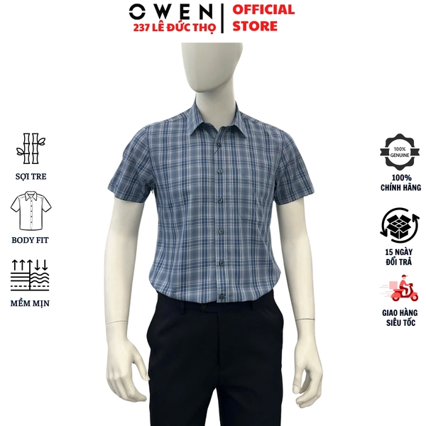 Áo sơ mi nam tay ngắn Owen AB260073NT màu xanh đậm kẻ caro lớn dáng suông body fit tà bằng có túi chất liệu Bamboo polyester
