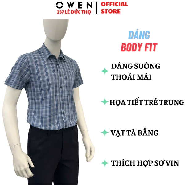 Áo sơ mi nam tay ngắn Owen AB260073NT màu xanh đậm kẻ caro lớn dáng suông body fit tà bằng có túi chất liệu Bamboo polyester