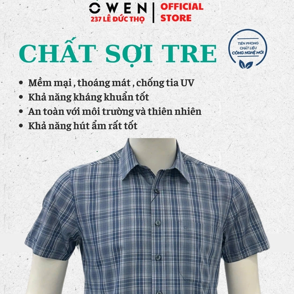 Áo sơ mi nam tay ngắn Owen AB260073NT màu xanh đậm kẻ caro lớn dáng suông body fit tà bằng có túi chất liệu Bamboo polyester