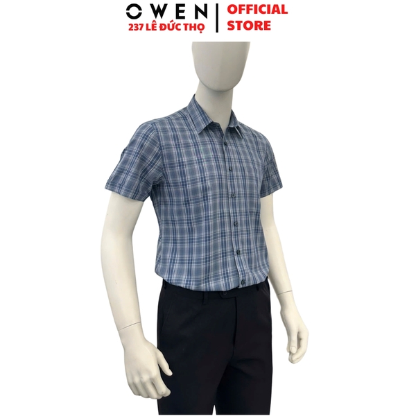 Áo sơ mi nam tay ngắn Owen AB260073NT màu xanh đậm kẻ caro lớn dáng suông body fit tà bằng có túi chất liệu Bamboo polyester