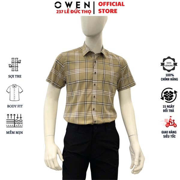 Áo sơ mi nam tay ngắn Owen AB260097NT màu nâu kẻ dáng suông body fit tà bằng có túi chất liệu Bamboo polyester
