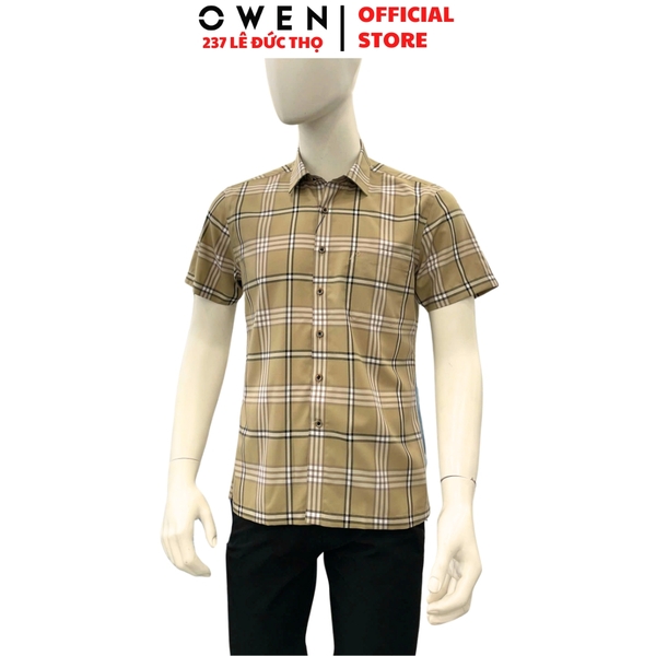 Áo sơ mi nam tay ngắn Owen AB260097NT màu nâu kẻ dáng suông body fit tà bằng có túi chất liệu Bamboo polyester
