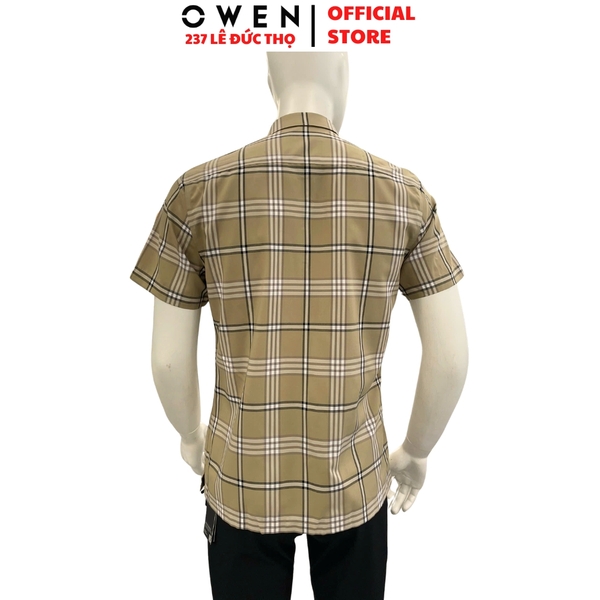 Áo sơ mi nam tay ngắn Owen AB260097NT màu nâu kẻ dáng suông body fit tà bằng có túi chất liệu Bamboo polyester