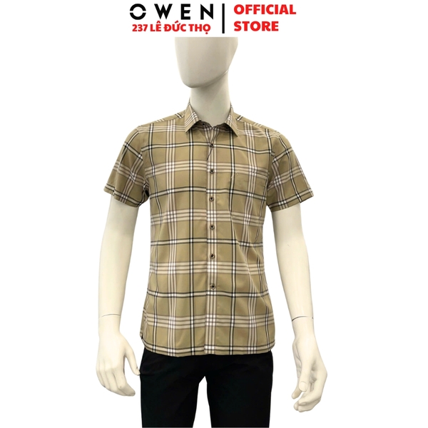 Áo sơ mi nam tay ngắn Owen AB260097NT màu nâu kẻ dáng suông body fit tà bằng có túi chất liệu Bamboo polyester
